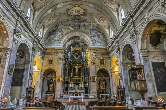 Interior of Sant Agata Del Carmine Church (1799) on street via Bartolomeo Colleoni in Upper Town (Citta Alta) of Bergamo city. BERGAMO, ITALY. January 1, 2018.