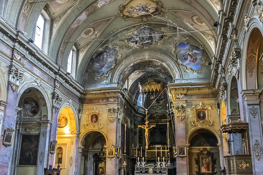 Interior of Sant Agata Del Carmine Church (1799) on street via Bartolomeo Colleoni in Upper Town (Citta Alta) of Bergamo city. BERGAMO, ITALY. January 1, 2018.