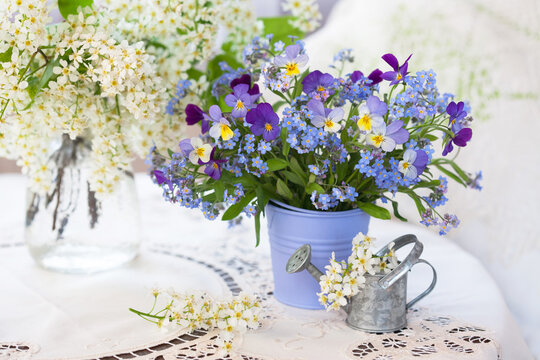 A bouquet of spring blue forget-me-not flowers and pansies in a vase on the table, a tablecloth, bird cherry and a decorative watering can.