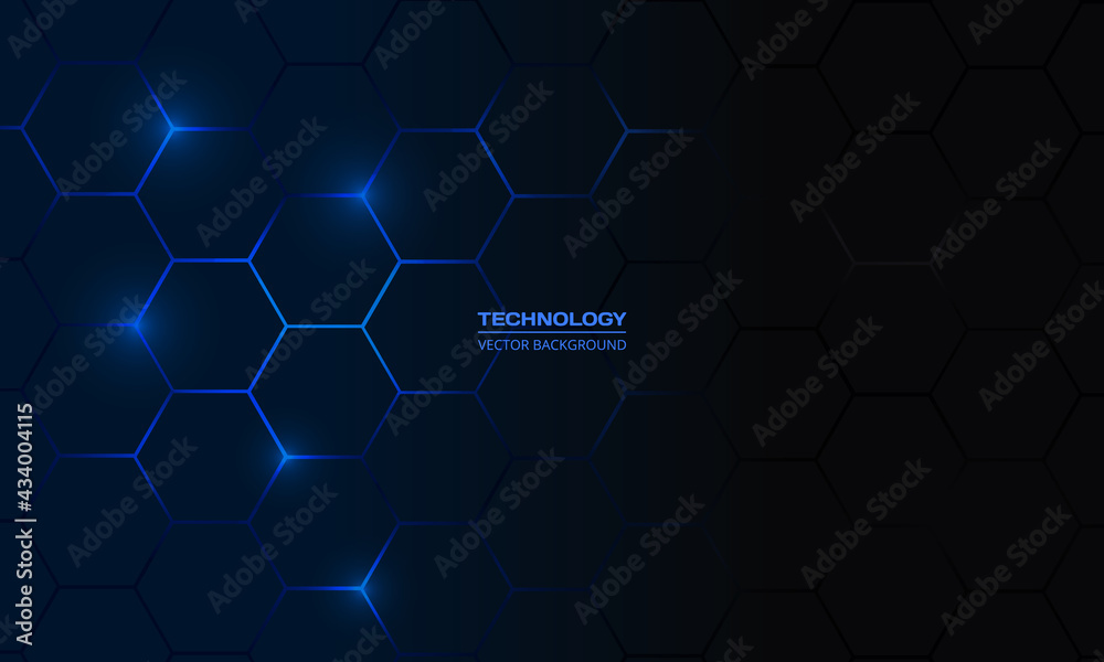 Poster Dark blue hexagonal technology vector abstract background. Blue bright energy flashes under hexagon in modern technology futuristic background vector illustration. Navy blue honeycomb texture grid.