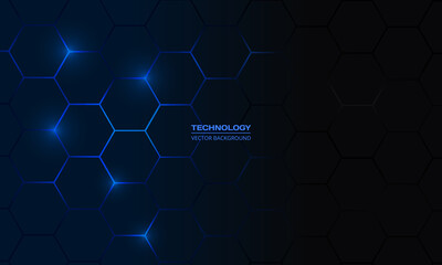 Dark blue hexagonal technology vector abstract background. Blue bright energy flashes under hexagon in modern technology futuristic background vector illustration. Navy blue honeycomb texture grid.
