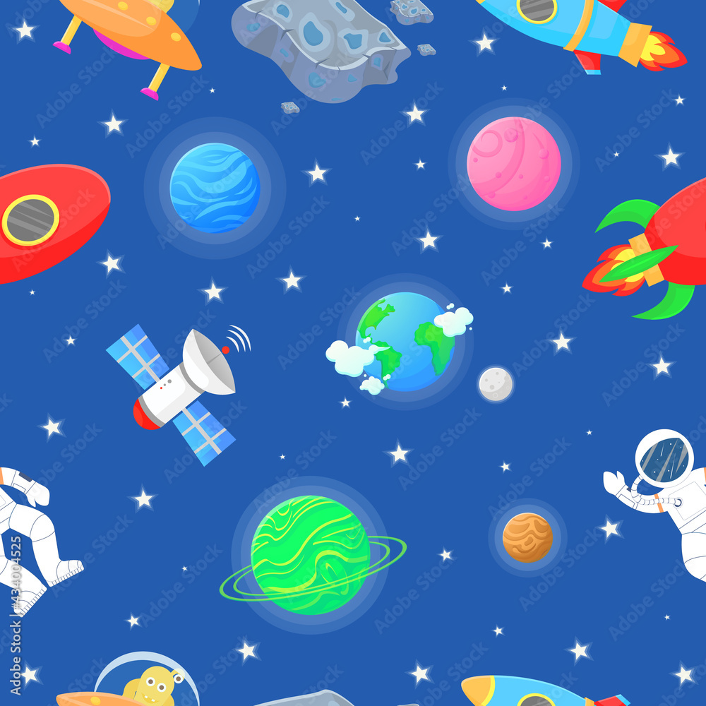 Wall mural astronaut with rocket and alien in the open space