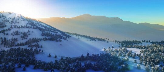 above winter forest mountain sunset