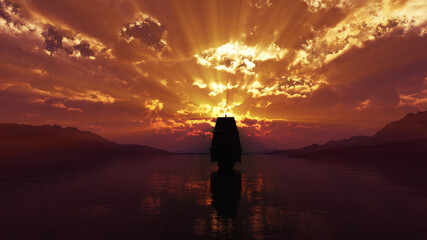 Fototapeta premium old ship at sea sunset illustration