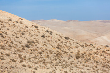 Fototapeta na wymiar Judean Desert, Israel. White sand dunes and blue sky. Wadi Qelt land. Stony desert in the heat
