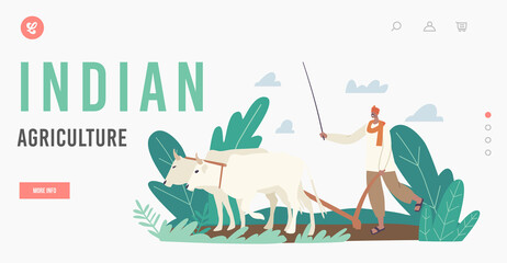 Indian Agriculture Landing Page Template. Farmer in Traditional Clothes Work. Rural Asian Man Plowing Field by Cows