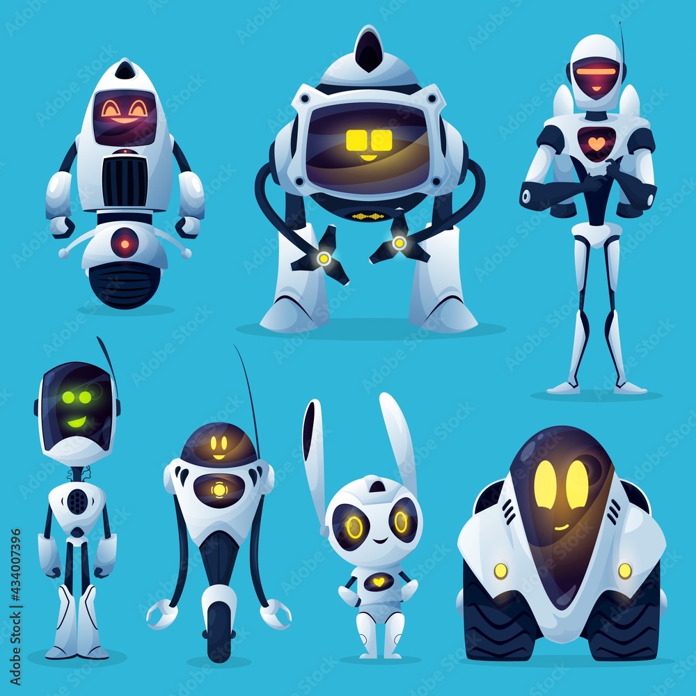 Leinwandbilder modern robot cartoon characters with vector white artificial intelligence bots. cute ai robot toys, 