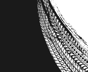Motorsport or transport grunge background with car tires marks texture. Vehicle dirty trails, automobile or motorcycle protector white and black traces, skid treads vector. Motocross sport background © Vector Tradition