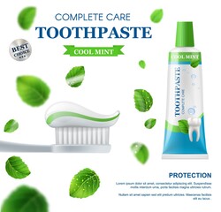 Mint toothpaste, dental care vector design with realistic 3d toothbrush, squeeze and tube of toothpaste, health white tooth and fresh green leaves of mint plant. Advertising or promotion poster
