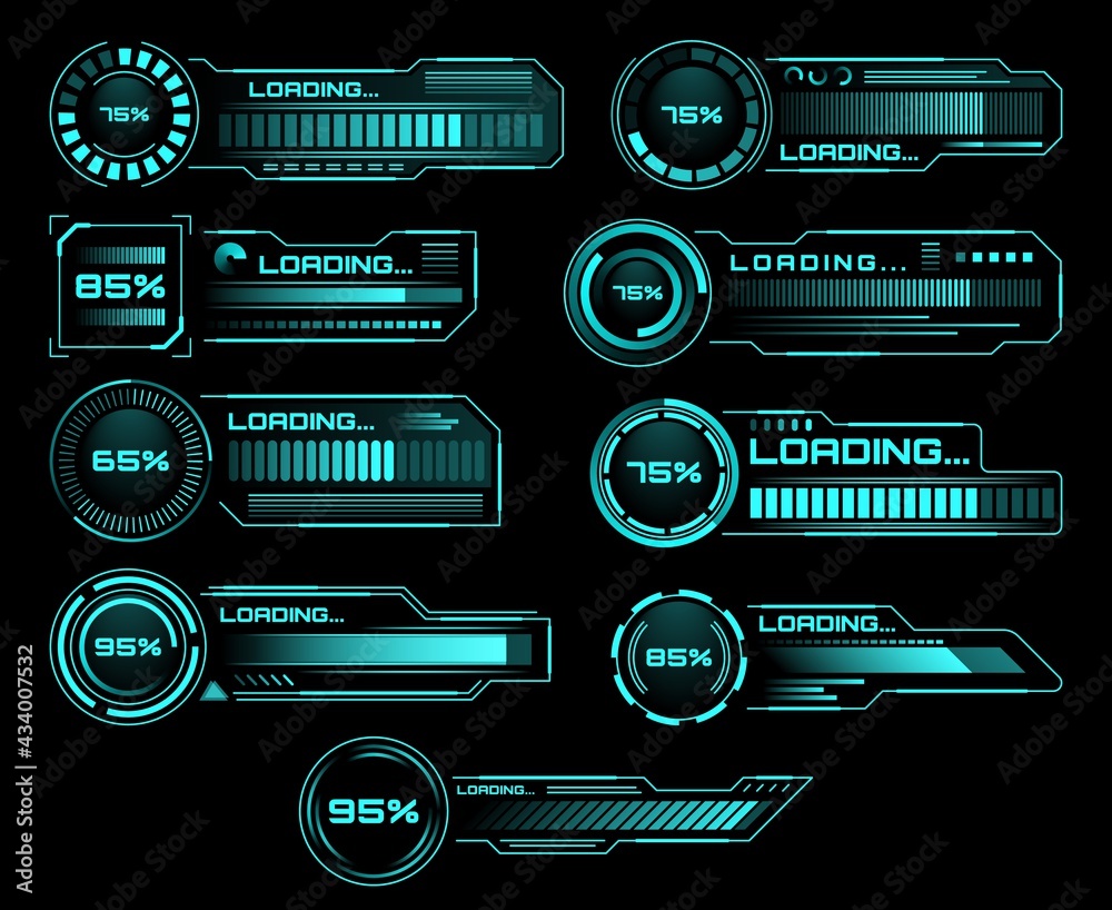 Leinwandbilder HUD loading progress bars, Sci Fi interface, vector digital futuristic elements for dashboard, technology style neon glowing ui navigation for game menu design or web site data load, technology theme