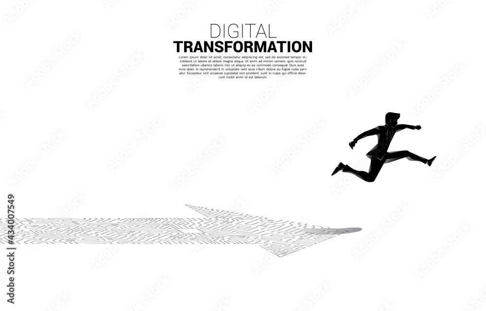 Aufkleber silhouette of businessman jumping on the arrow dot connect circuit board style. concept of digital t