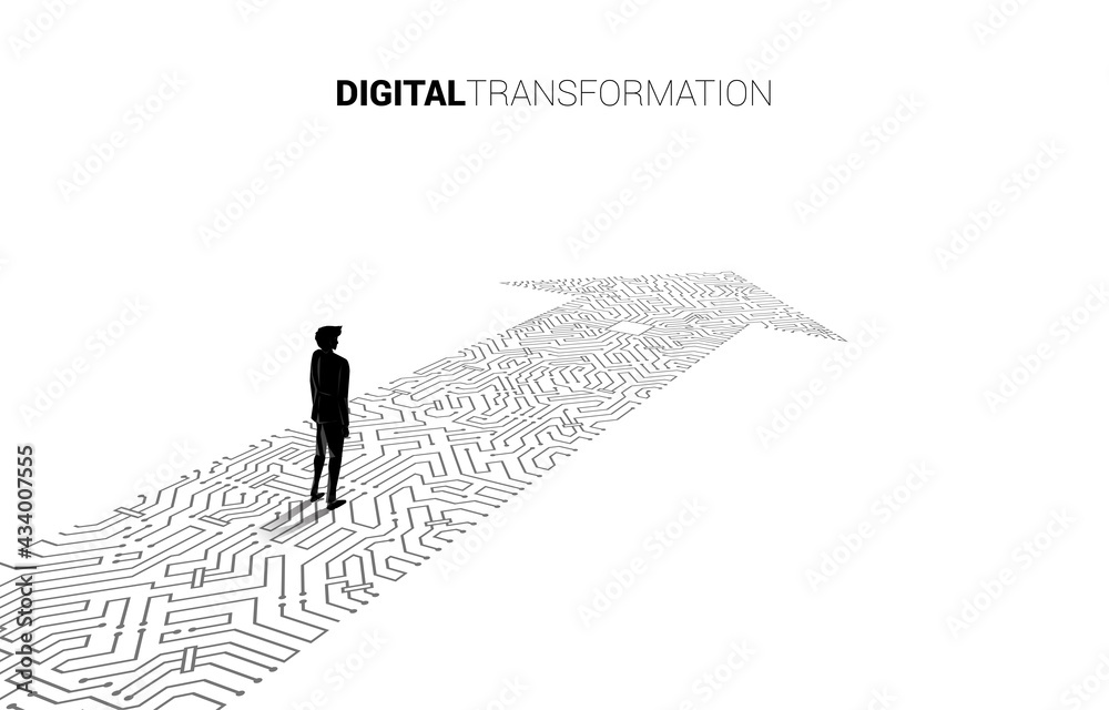 Poster silhouette of businessman standing on the arrow dot connect circuit board style. concept of digital 