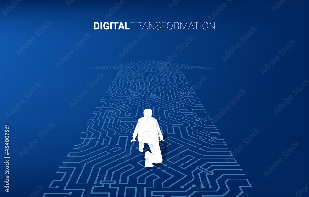 Poster silhouette of businessman in ready position on the arrow dot connect circuit board style. concept of