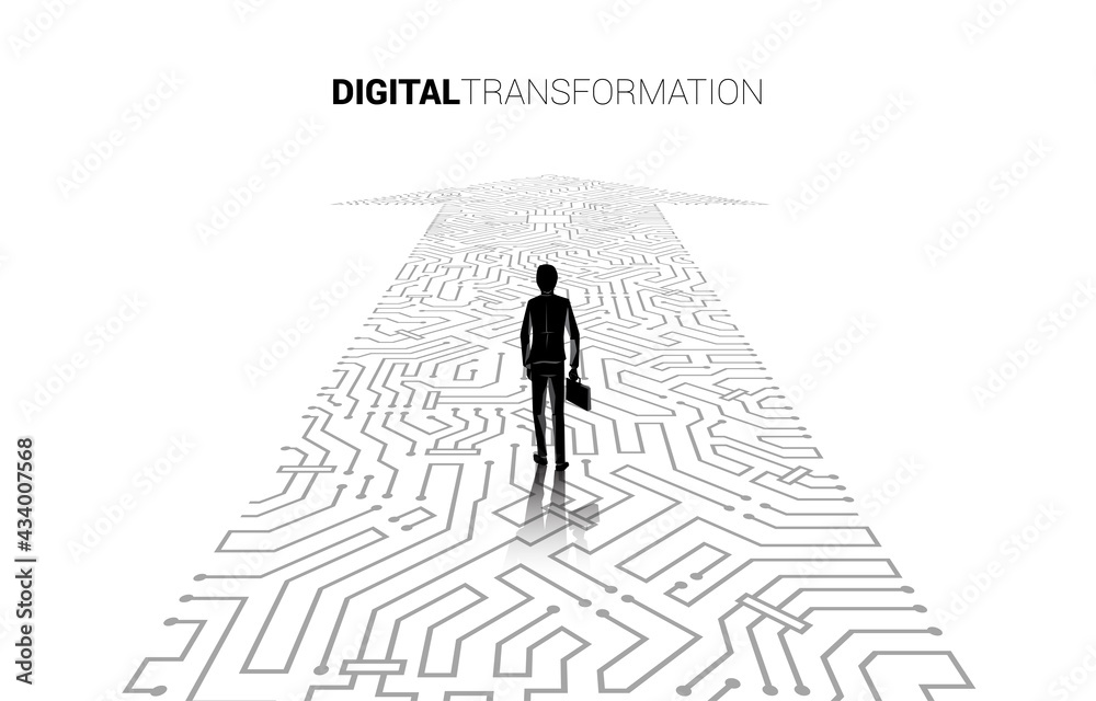 Poster silhouette of businessman standing on the arrow dot connect circuit board style. concept of digital 