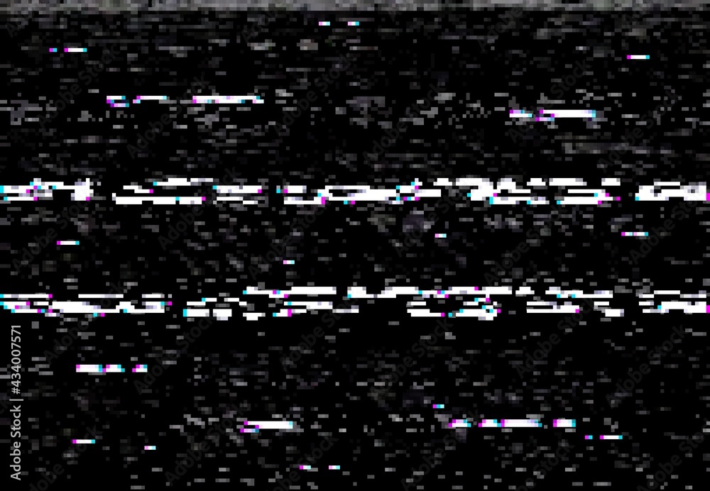 Aufkleber VHS video screen with glitch effect, distortion lines and noise. Vector corrupted camera film or digital video system black background with random noise and horizontal distorted stripes, no signal