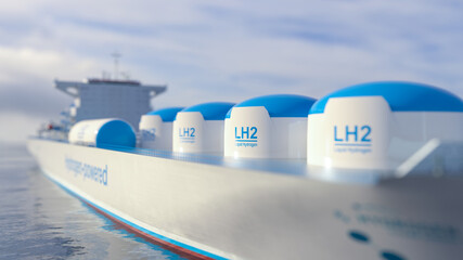 Liqiud Hydrogen renewable energy in vessel - LH2 hydrogen gas for clean sea transportation on ship with composite cryotank for cryogenic gases - obrazy, fototapety, plakaty