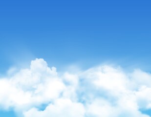 Naklejka na ściany i meble Sky clouds or fog, realistic cloudy air or heaven vector background. White fluffy clouds in sky with sun light, sunny day and fresh air weather, fluffy clouds, nature spring and clean environment