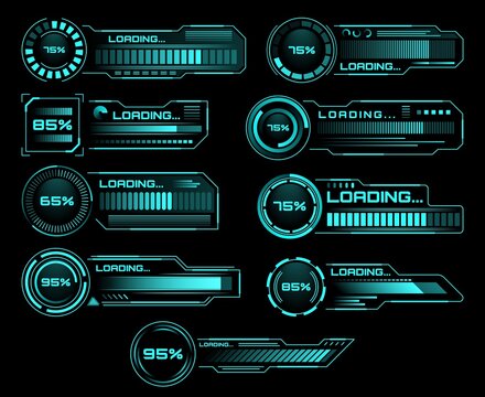 HUD Loading Progress Bars, Sci Fi Interface, Vector Digital Futuristic Elements For Dashboard, Technology Style Neon Glowing Ui Navigation For Game Menu Design Or Web Site Data Load, Technology Theme