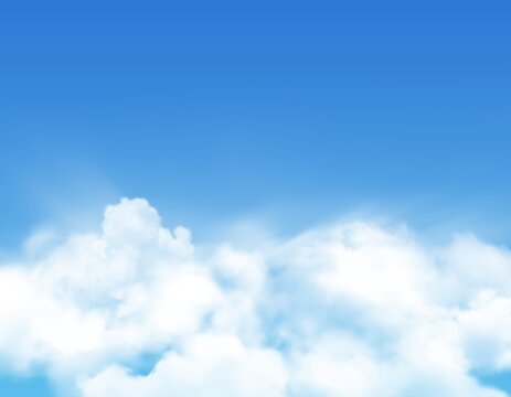 Sky clouds or fog, realistic cloudy air or heaven vector background. White fluffy clouds in sky with sun light, sunny day and fresh air weather, fluffy clouds, nature spring and clean environment