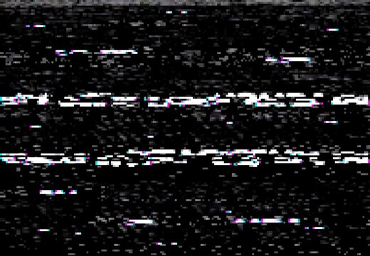 VHS video screen with glitch effect, distortion lines and noise. Vector corrupted camera film or digital video system black background with random noise and horizontal distorted stripes, no signal