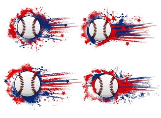 Baseball or softball sport grunge banners. Baseball ball flying with speed, red and blue paint vector splashes, star and halftone. Softball sport team fan club, tournament or championship retro banner - obrazy, fototapety, plakaty