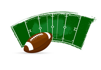 Rugby ball, American football banner or sport poster, vector field green paint background. Rugby or American football and soccer league or team championship and championship cup grunge flag © Vector Tradition