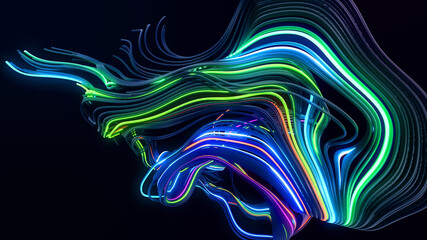 3d render. Abstract bg with lines. Multicolor flash of curved lines. Concept of computing neural network, artificial intelligence, AI. Neon lights like garland or lightnings.