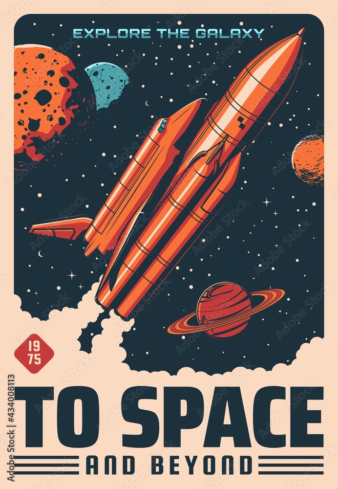 Poster Space planets and spaceship vector design of astronomy and space travel retro poster. Rocket with shuttle orbiter floating through universe galaxy, Moon, Saturn, Mars and Neptune, stars and meteors
