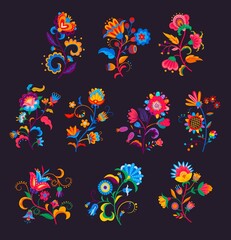 Mexican flowers and florals vector set of bright colorful blooming plants with Mexico ethnic or folk ornaments. Blossoms, flourishes and leaves of Mexican flowers, embroidery pattern or textile design - obrazy, fototapety, plakaty