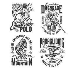 Tshirt prints with horse and eagle, vector mascots for equestrian, climbing and paragliding club apparel design. Isolated labels with typography. Monochrome t shirt prints for sport team, emblems set