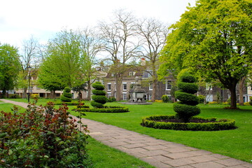 Vibrant green cathedral garden with houses in the background and blue sky breaking through the grey.