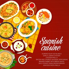 Spanish cuisine vector menu cover bacon and chorizo sausage tapas migas and braised rabbit with bread sauce. Almond soup ajo blanco, garlic lemon and paella chicken, spicy potato tapas patatas bravas
