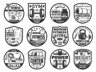 Fitness gym icons, sports club and weight training. Vector dumbbell, barbell and kettlebell, sports nutrition protein, exercise bicycle and mat. Fitness center equipment and outfit monochrome emblems
