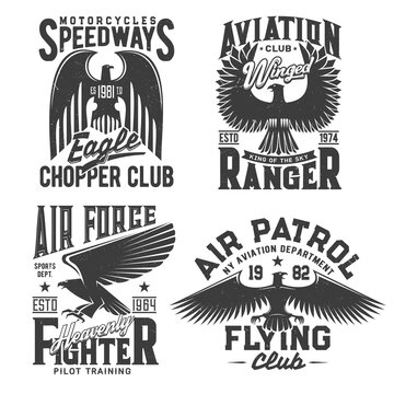 Eagle t-shirt print with aviation, motorcycle races and fight club vector emblems. Gothic eagle with wings and stars, pilot academy, air patrol and motor sport speedway grunge signs for shirt prints