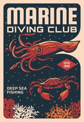 Marine diving and deep sea fishing club sketch vector poster. Squid or cuttlefish, stone crab swimming near corals reef. Summer vacation recreation, diving hobby or tropical fishing sport retro banner