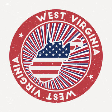 West Virginia round stamp. Logo of us state with flag. Vintage badge with circular text and stars, vector illustration.