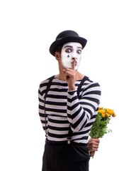 Mime with bunch of flowers isolated on white