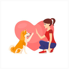 Akita dog giving five to the girl. Big heart on the background. Love to the pet. Flat vector illustration isolated on white background