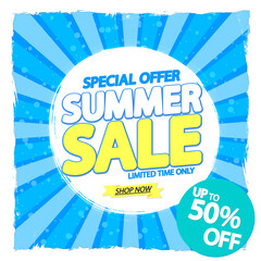 Summer Sale up to 50% off, poster design template, season special offer, discount banner, vector illustration