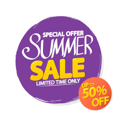 Summer Sale up to 50% off, discount banner design template, promotion poster, season offer tag, vector illustration