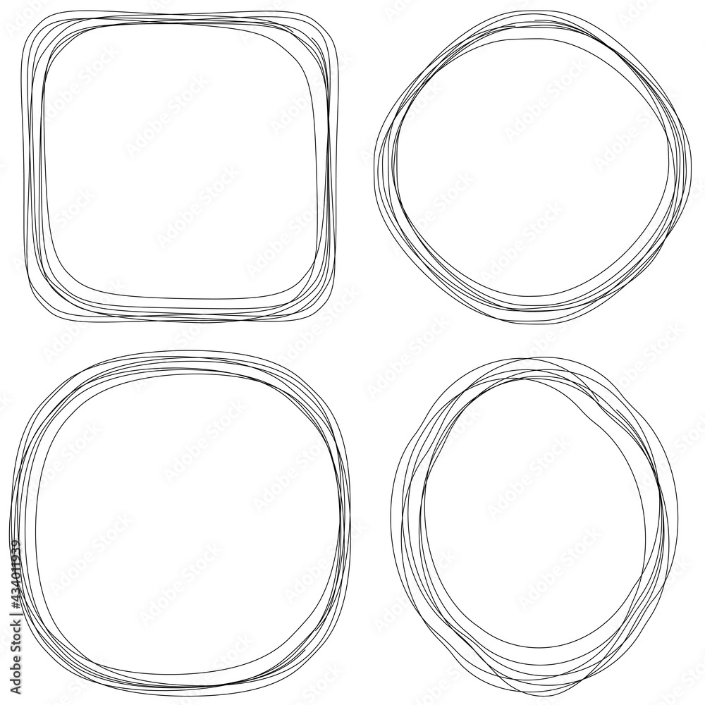 Poster Four rounded scribble circles. Vector scribbles set four shapes.