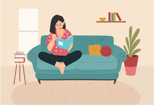 Young girl, reading books in her home. Young woman reading books in her sofa, illustration concept.