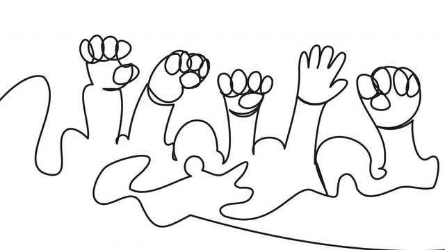 4k animation of drawing with one line of protest on a white background. Hands raised up. Stock video of disgruntled people in abstract style.