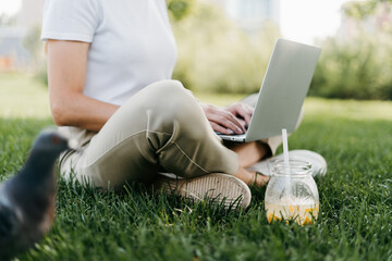 Cropped young adult Woman texting laptop, sitting on the grass outside in park. Working and drinking lemonade soda. Using laptop. Distance learning online education and work. - obrazy, fototapety, plakaty