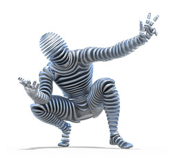 Sliced Metal Man Squatting with Peace Sign