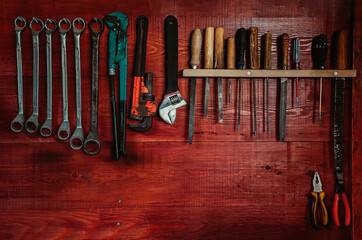 hanging equipment board in wood workshop