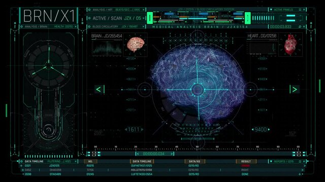 Futuristic HUD panel featuring a brain scan interface with multiple vitals as well as a heart monitor
