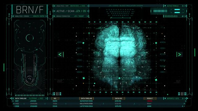 Futuristic HUD panel of a brain scan interface with 3d visuals and vitals