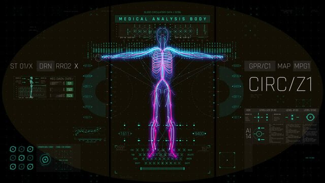 Futuristic HUD panel featuring a 3D scan of the human circulatory system along with other vitals