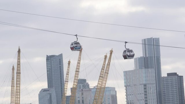 Emirates cable cars passing each other in front the o2 arena